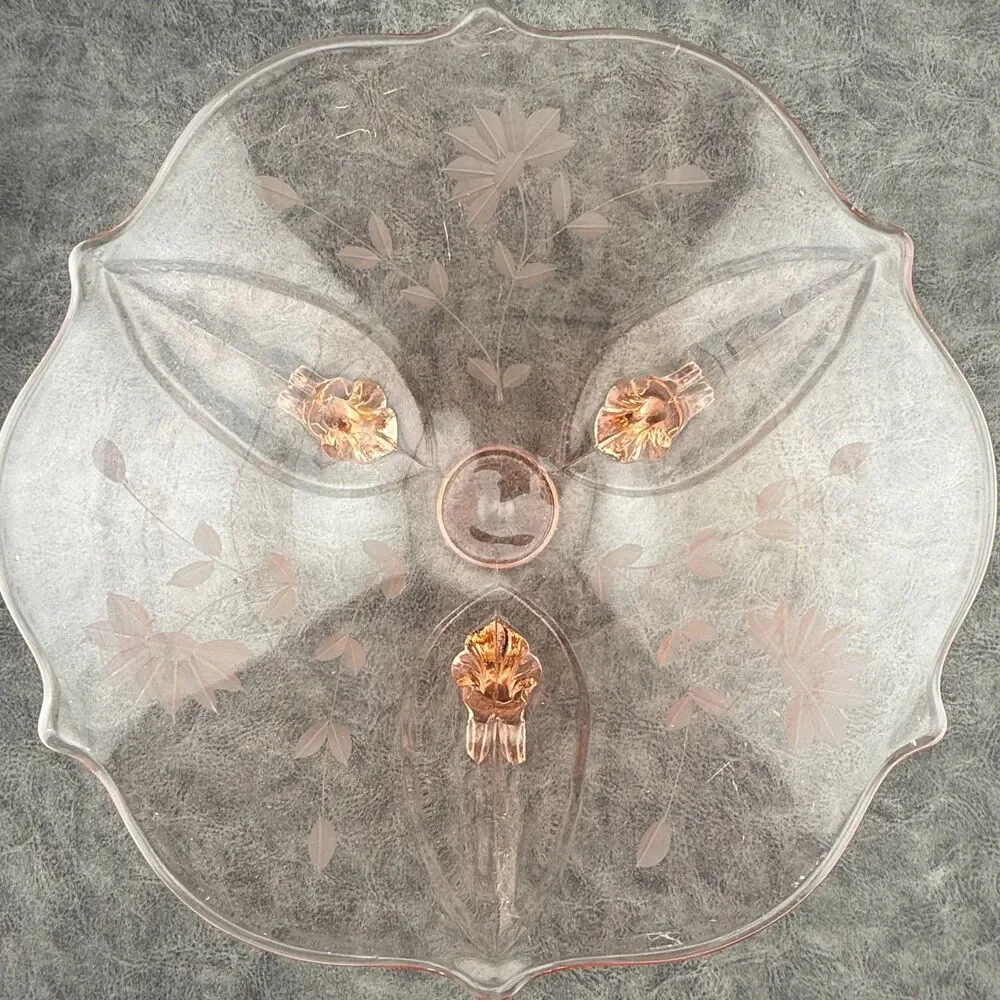 8.25 Footed Lancaster Jubilee Pink Depression Glass Floral Etched Bowl 1930s VTG